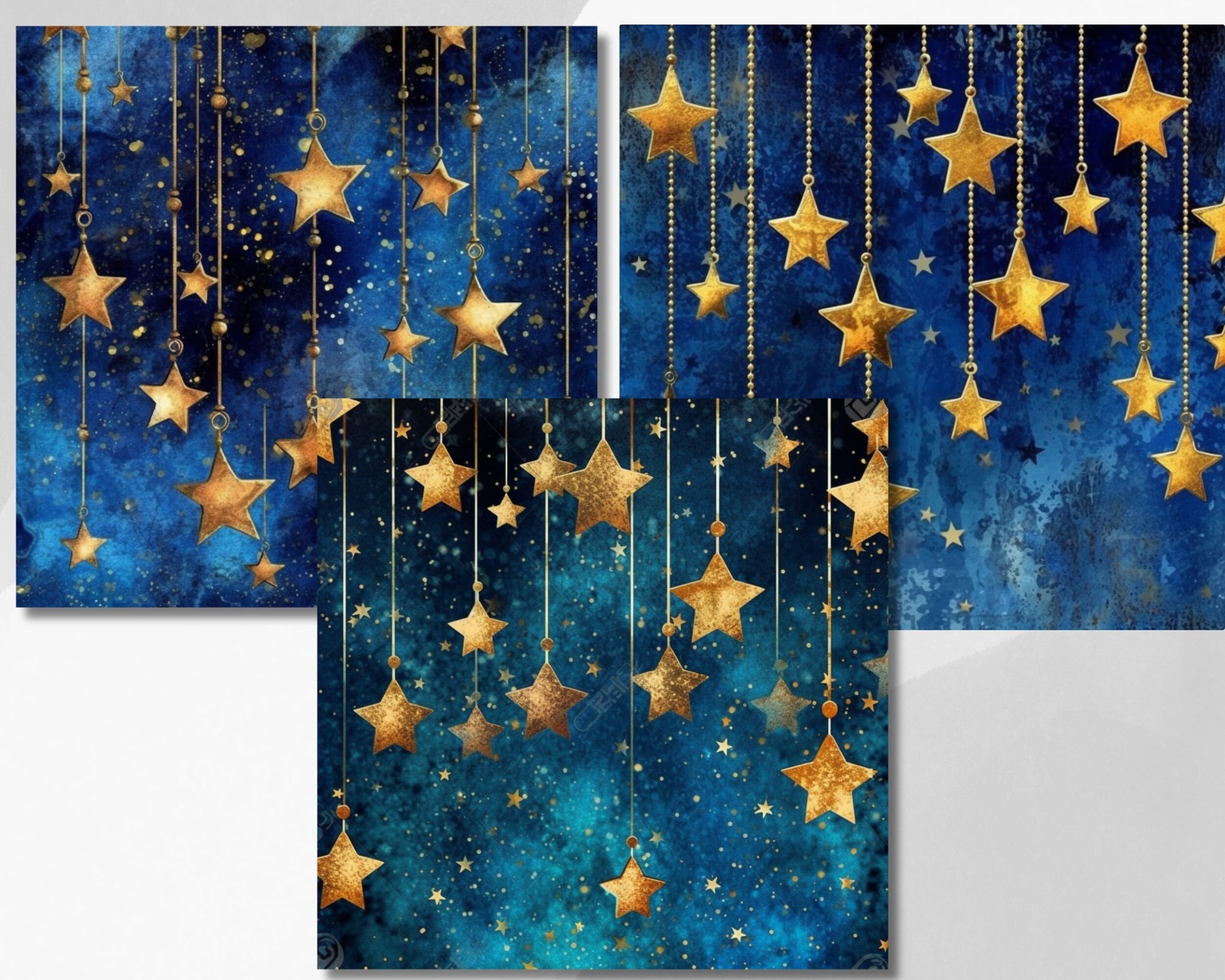 Blue Grunge Stars Digital Paper, Golden Starry Night Digital Papers ...