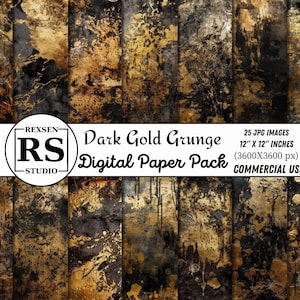 Dark Gold Grunge Digital Papier, schwarz-goldene Hintergründe mit gealterter Textur, sofortiger Download für den kommerziellen Gebrauch