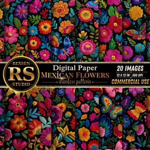 May include: A digital paper collection featuring 20 seamless patterns of embroidered Mexican flowers and butterflies on a black background. The text reads REXSEN RS STUDIO, Digital Paper, MEXICAN FLOWERS, 20 IMAGES, 12 x 12 IN, 300 DPI.