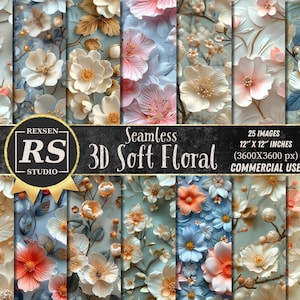 Pacote de papel digital 3D SOFT FLORAL - papel digital 25 jpg - padrões sem costura - floral 3D - papel digital tom suave - uso comercial
