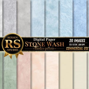 May include: A collection of 20 digital paper sheets featuring stone wash seamless patterns in various colors including gray, blue, green, pink, and cream. A black banner across the center displays the text REXSEN RS STUDIO DIGITAL PAPER STONE WASH.