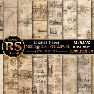 Op de afbeelding: Een collectie van 20 vellen digitaal papier met mechanische steampunk-ontwerpen met technische tekeningen van machines en stoommachines in donkerbruine inkt op een lichtbruine perkamentachtergrond, gelabeld 12 x 12 in 300 DPI.