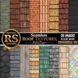 May include: A collection of 20 seamless roof textures presented as digital paper. The image displays various roofing materials including shingles, tiles, thatch, and metal in diverse colors and patterns, with text reading REXSEN RS STUDIO.