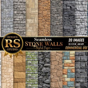 Può includere: Una collezione di 20 immagini di carta digitale con varie texture di pareti in pietra senza giunture in tonalità grigie, beige, marroni e blu. Un banner nero centrale mostra il testo REXSEN RS STUDIO Seamless STONE WALLS 20 IMAGES 12 X 12 IN 300 DPI.