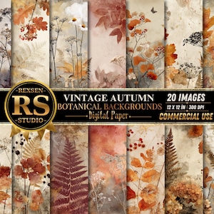 May include: A collection of 20 digital paper backgrounds featuring autumn botanical themes with dried leaves, ferns, and wildflowers in shades of orange, brown, and cream. The text reads REXSEN RS STUDIO VINTAGE AUTUMN BOTANICAL BACKGROUNDS 20 IMAGES 12 X 12 IN 300 DPI DIGITAL PAPER COMMERCIAL USE.