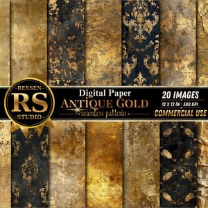 Puede incluir: Un conjunto de papel digital con 20 imágenes de oro antiguo, de 30,48 cm x 30,48 cm, para uso comercial. Los diseños presentan diversas texturas, incluyendo patrones desgastados, agrietados y damascados en oro y negro, con un aspecto vintage.