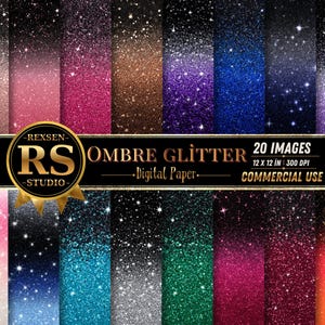 Könnte beinhalten: Eine Sammlung von zwanzig digitalen Papierbögen mit verschiedenen Ombré-Glitzer-Mustern in Farben wie Pink, Blau, Lila, Grün und Schwarz. Der Text REXSEN RS STUDIO OMBRE GLITTER 20 IMAGES 12 X 12 IN 300 DPI COMMERCIAL USE ist abgebildet.