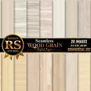 Puede incluir: Una colección de 20 imágenes de papel digital con vetas de madera sin costuras en varios tonos beige claro y crema. Una franja negra en el centro muestra el texto REXSEN RS STUDIO, Seamless WOOD GRAIN Digital Paper, 20 IMAGES, 12 X 12 IN, 300 DPI, COMMERCIAL USE.