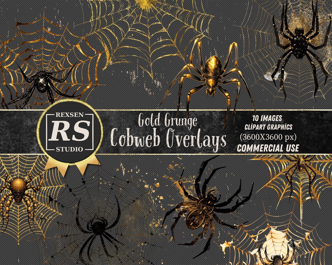 Gold Grunge Spider Web Clipart Overlays: Halloween PNG Graphics ...