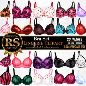 Può includere: Una collezione digitale di 20 reggiseni con vari motivi e colori, inclusi disegni floreali, a pois, animalier, a righe e a tinta unita. L'immagine include un logo circolare dorato con il testo REXSEN RS STUDIO e Bra Set LINGERIE CLIPART.
