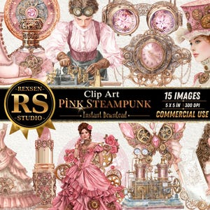 Könnte beinhalten: Eine digitale Sammlung von 15 Clip-Art-Bildern im rosa Steampunk-Stil mit Illustrationen einer Person mit Schutzbrille, einem Zylinder, einem Rüschenkleid, einem Lippenstift, einer Uhr, einem Schmetterling mit Zahnrädern und einem mechanischen Gerät.