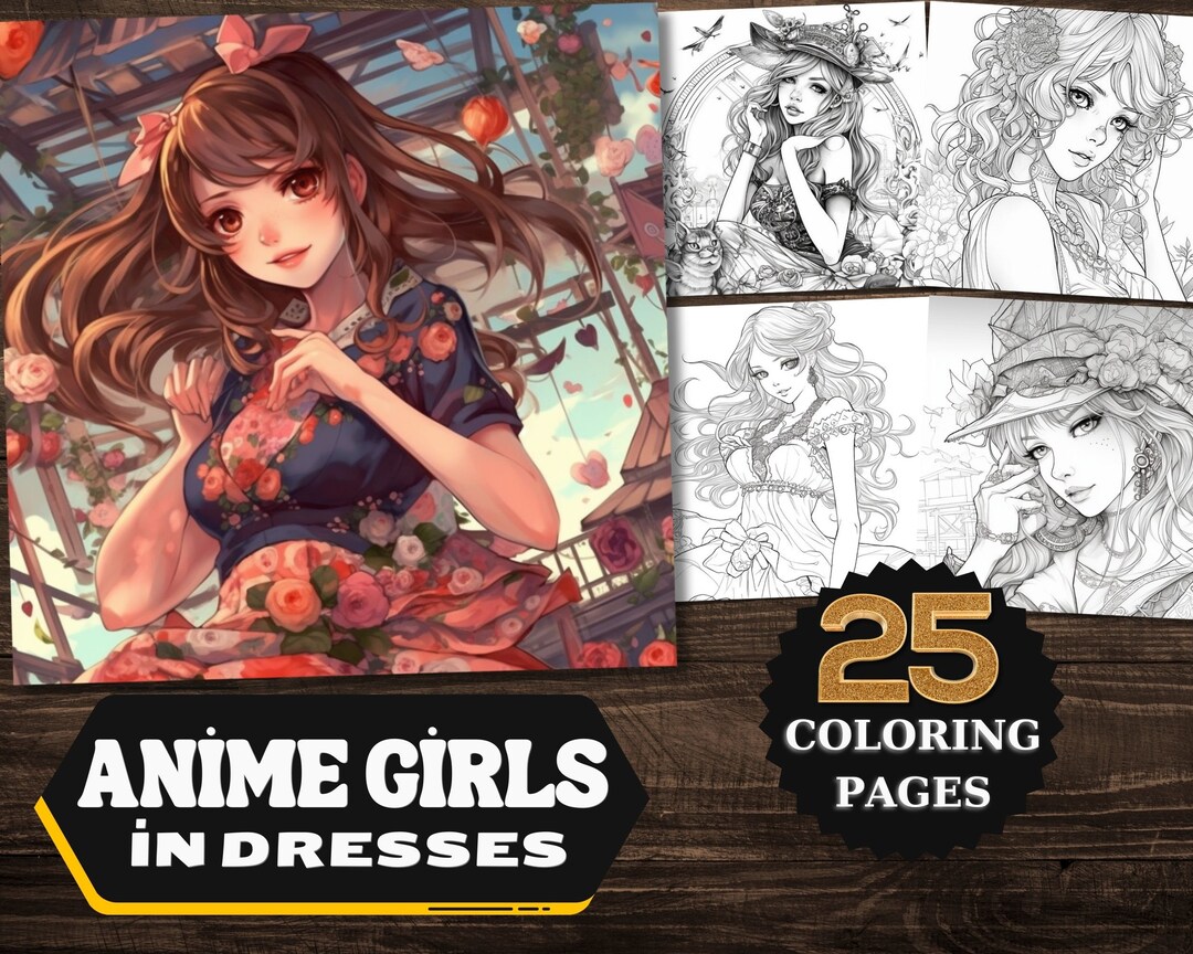 25 Pages Anime Girls in Dresses Coloring Pages Grayscale - Etsy