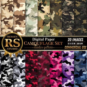 May include: A collection of 20 digital paper sheets featuring various seamless camouflage patterns in diverse color palettes including tan, green, black, pink, purple, and blue. The text reads REXSEN RS STUDIO Digital Paper CAMOUFLAGE SET.