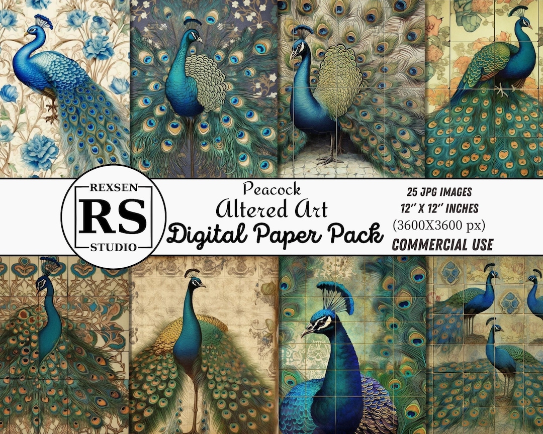 Peacock Vintage Digital Paper Pack, Antique Art Backgrounds PDF ...