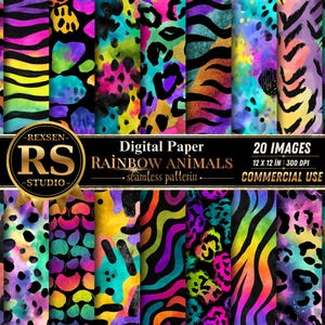 Può includere: Una collezione di 20 carte digitali con motivi senza cuciture e stampe animalier arcobaleno vivaci. I design includono macchie di leopardo, strisce di tigre e forme astratte in tonalità neon. Testo: REXSEN RS STUDIO Digital Paper RAINBOW ANIMALS 20 IMAGES 12 x 12 IN 300 DPI COMMERCIAL USE.