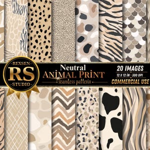 Könnte beinhalten: Eine Sammlung von 20 nahtlosen digitalen Mustern mit neutralen Tierdrucken, darunter Leopardenflecken, Zebrastreifen, Giraffenflecken und Kuhfellmotive. Das Bild enthält den Text REXSEN RS STUDIO Neutral ANIMAL PRINT 20 IMAGES 12 X 12 IN 300 DPI COMMERCIAL USE.
