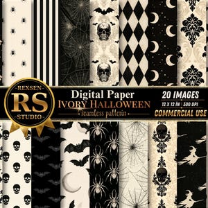 May include: A collection of 20 digital paper patterns featuring ivory and black Halloween themes including skulls, spiders, bats, witches, moons, damask, and stripes. The text reads REXSEN RS STUDIO Digital Paper IVORY HALLOWEEN 20 IMAGES 12 X 12 IN 300 DPI.