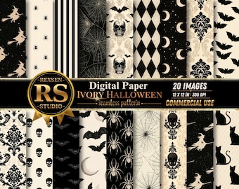 May include: A collection of 20 digital paper patterns featuring ivory and black Halloween themes including skulls, spiders, bats, witches, moons, damask, and stripes. The text reads REXSEN RS STUDIO Digital Paper IVORY HALLOWEEN 20 IMAGES 12 X 12 IN 300 DPI.