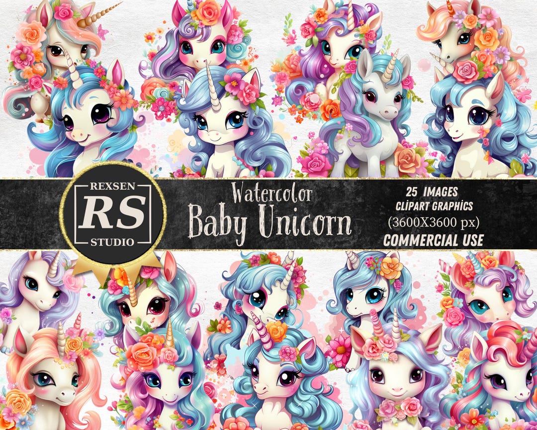 Watercolor Baby Unicorn Collection Clipart, 25 PNG Unicorn Clipart ...
