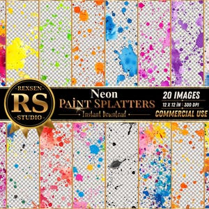 Könnte beinhalten: Ein digitales Kunstpaket mit 20 Neon-Farbspritzbildern. Die Bilder zeigen farbenfrohe Farbspritzer in Blau-, Rosa-, Gelb-, Orange- und Grüntönen. Die Bilder sind 30,48 x 30,48 cm bei 300 DPI und für den kommerziellen Gebrauch bestimmt.