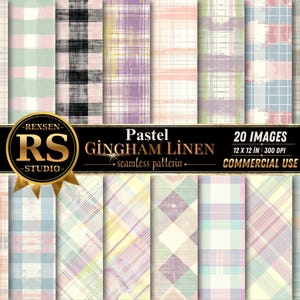 Puede incluir: Una colección de 20 patrones sin costuras de lino gingham pastel. Los patrones presentan varios colores, incluyendo rosa, verde, morado y azul, con un efecto acuarela. La imagen incluye el texto "Pastel Gingham Linen" y "Commercial Use."
