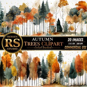 Peut inclure: Une collection numérique de cliparts d'arbres d'automne à l'aquarelle avec un feuillage orange, jaune et vert foncé. L'image inclut une bannière noire avec le texte doré REXSEN RS STUDIO AUTUMN TREES CLIPART 20 IMAGES 5 X 5 IN 300 DPI.