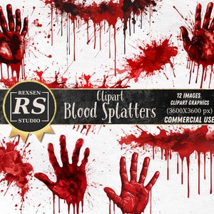 May include: Twelve digital graphics of red blood splatters and handprints on a white background. The graphics are 3600 pixels by 3600 pixels and are for commercial use.