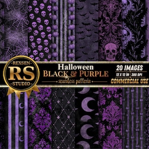 May include: A collection of twenty digital seamless patterns in black and purple featuring motifs of skulls, spiderwebs, pumpkins, bats, moons, and damask prints. A central gold logo reads REXSEN RS STUDIO Halloween BLACK & PURPLE 20 IMAGES 12 X 12 IN 300 DPI.
