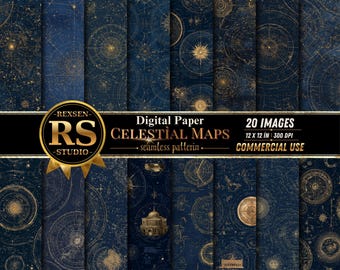 May include: A collection of 20 digital paper sheets featuring seamless celestial map patterns in dark navy blue and gold. The text reads REXSEN RS STUDIO Digital Paper CELESTIAL MAPS 20 IMAGES 12 X 12 IN 300 DPI COMMERCIAL USE.