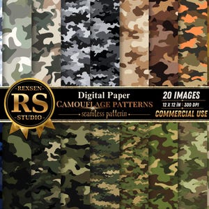 Pode incluir: Uma coleção de 20 padrões de camuflagem em papel digital em vários esquemas de cores, incluindo azul, verde, castanho, cinzento e laranja. A imagem apresenta uma faixa preta central com o texto REXSEN RS STUDIO, Digital Paper, CAMOUFLAGE PATTERNS, 20 IMAGES, 12 X 12 IN, 300 DPI e COMMERCIAL USE.