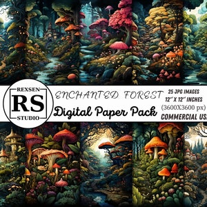 Printable Fantasy Enchanted Forest Digital Paper, Magical Mystery Forest Digital Paper, Woodland Cards, Download Junk Journal, Scrapbooking