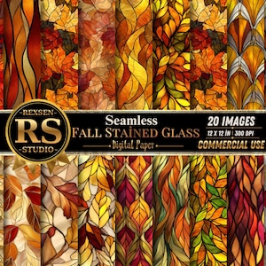Fall Leaves Stained Glass Digital Paper, Autumn Mosaic Backgrounds for Scrapbooking, Sublimation and Seasonal Crafts