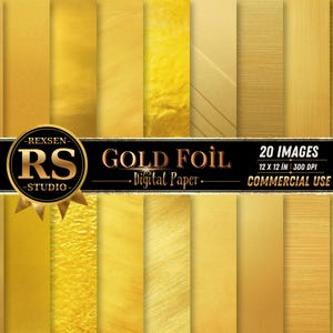 Puede incluir: Una colección de 20 imágenes de papel digital con varias texturas de lámina de oro, incluyendo acabados lisos, cepillados y arrugados. Una banda negra muestra el texto REXSEN RS STUDIO GOLD FOIL Digital Paper 20 IMAGES 12 X 12 IN 300 DPI COMMERCIAL USE.