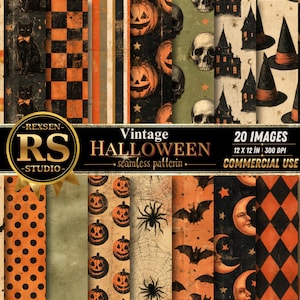 May include: A collection of 20 digital seamless patterns featuring vintage Halloween motifs including black cats, pumpkins, skulls, haunted houses, witch hats, spiders, bats, moons, and candy corn in orange, black, and cream colours with text.