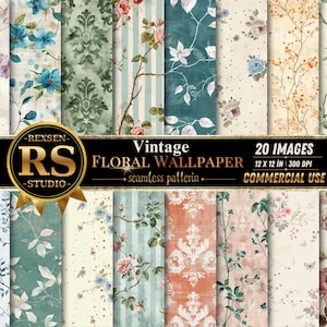 Puede incluir: Un conjunto de 20 imágenes de papel pintado floral vintage, cada una de 30,48 x 30,48 cm a 300 DPI, con un patrón sin costuras. Los diseños presentan diversos arreglos florales en colores suaves, incluyendo rosas y elementos botánicos. Uso comercial.