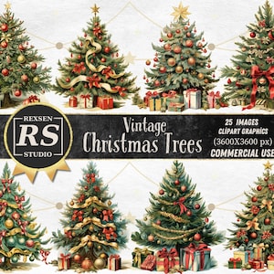 Vintage Christmas Trees Clipart - antique winter holiday clip art in PNG format instant download for commercial use