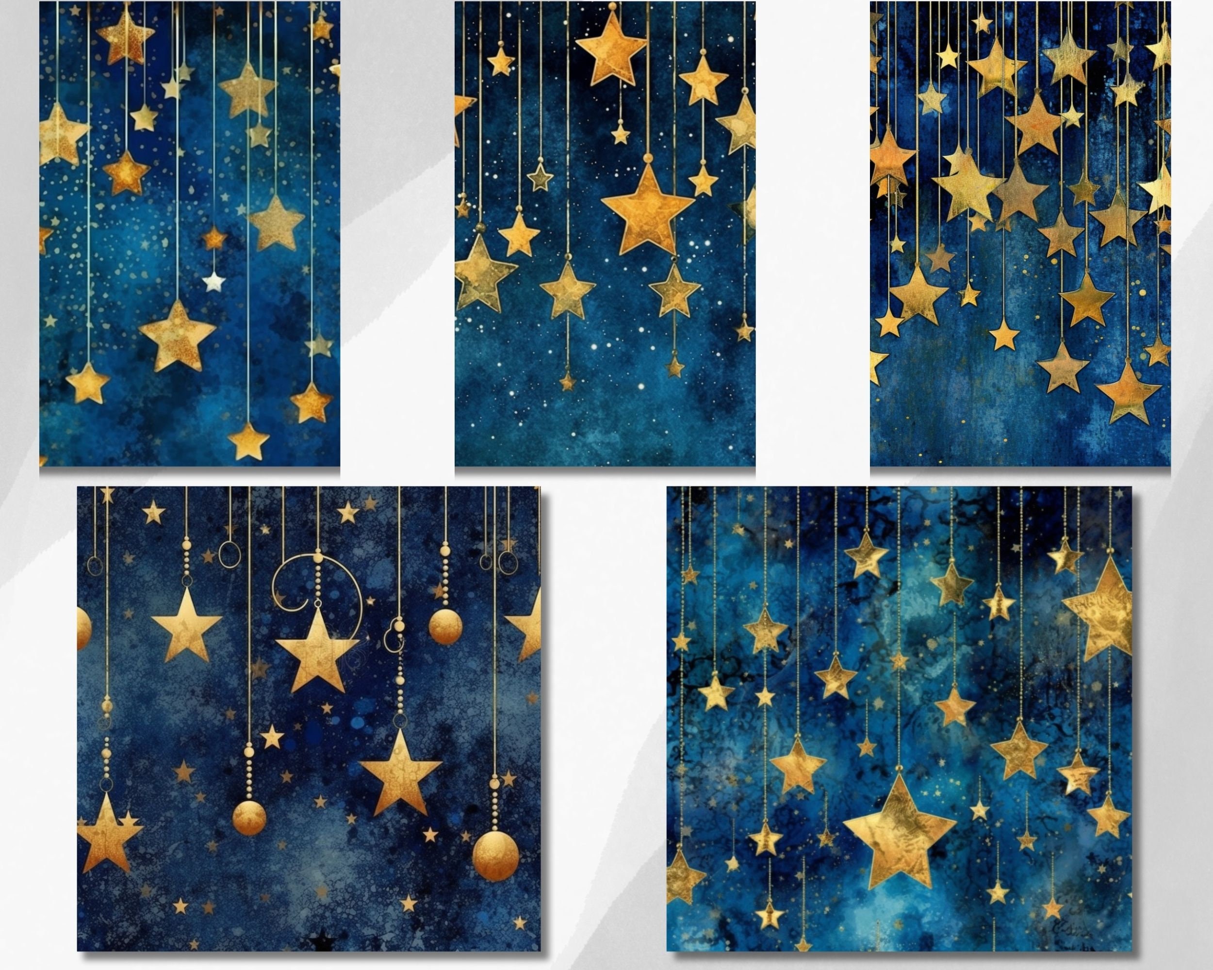 Blue Grunge Stars Digital Paper, Golden Starry Night Digital Papers ...