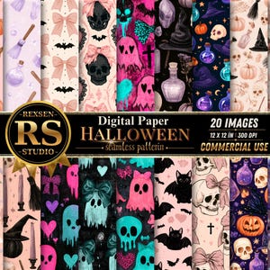May include: A collection of twenty digital paper patterns featuring Halloween themes including skulls, ghosts, pumpkins, witch hats, potion bottles, bats, and bows in various color palettes like pink, black, and purple with text REXSEN RS STUDIO.