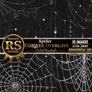 Puede incluir: Una colección de 15 superposiciones digitales de telarañas sobre un fondo negro. El gráfico presenta intrincados patrones de telarañas blancas con gotas de rocío brillantes. Un logotipo circular dorado dice REXSEN RS STUDIO, Spider COBWEB OVERLAYS, 15 IMAGES, 5 X 5 IN, 300 DPI.