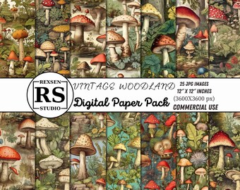 25 Vintage Woodland Printable Paper Seamless Fairy Junk Journal Digital Download Forest Magic Backgrounds Bundle Mushrooms Scrapbook Paper