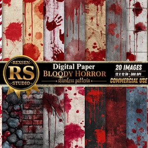 May include: A collection of 20 digital paper sheets featuring bloody horror themes with red splatter patterns on various textures like brick, stone, and wood. The text reads REXSEN RS STUDIO Digital Paper BLOODY HORROR 20 IMAGES 12 X 12 IN 300 DPI.