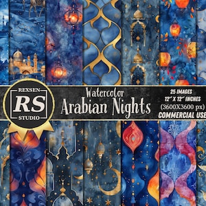 25 Watercolor Arabian Nights Digital Paper - seamless printable digital backgrounds for commercial use