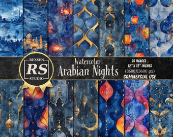 25 Watercolor Arabian Nights Digital Paper Pack – Seamless Moroccan Patterns, Boho Wedding & Party Printable Backgrounds (PNG/PDF)