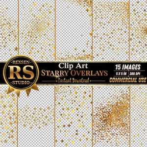 Puede incluir: Una colección de 15 imágenes prediseñadas de estrellas doradas sobre un fondo transparente. Las imágenes incluyen varios cúmulos de estrellas y diseños de estrellas dispersas. El texto de la imagen dice "Clip Art Starry Overlays" y "Commercial Use".