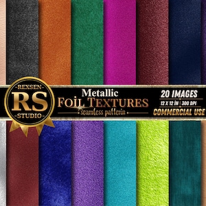 Pode incluir: Uma coleção de 20 texturas de folha metálica em várias cores, incluindo ouro rosa, preto, laranja, verde, magenta, bordô, azul, roxo, prata, vermelho, cerceta, limão e cobre. O texto diz REXSEN RS STUDIO Metallic FOIL TEXTURES 20 IMAGES 12 x 12 IN 300 DPI.