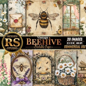 Könnte beinhalten: Eine Sammlung von 20 digitalen Bildern im Vintage-Stil mit dem Thema Biene und Blumen. Die Bilder enthalten Illustrationen von Bienen, Blumen und Gartenszenen. Die Bilder sind 30,48 cm x 30,48 cm groß und für den kommerziellen Gebrauch bestimmt.