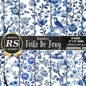 Toile de Jouy Seamless Pattern Vintage Floral Digital Paper Blue Floral Junk Journal Paper Chinoiserie Pattern French Toile Floral Pattern