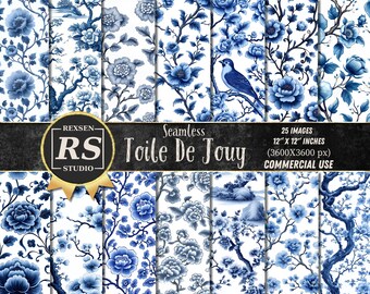 Toile De Jouy Digital Paper Pack, 25 Vintage Blue Floral Seamless ...
