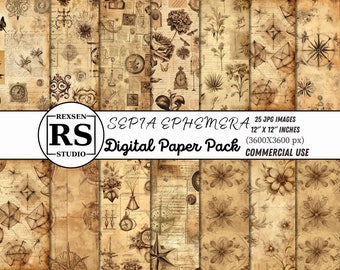 Sepia Ephemera Digital Paper Pack, Vintage Texture Backgrounds, Printable Antique Scrapbook Paper PDF, Old Paper Collage Set