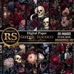 Puede incluir: Una colección de 20 imágenes de papel digital con patrones de flores oscuras, cráneos humanos, cisnes negros, linternas y llaves. El texto dice REXSEN RS STUDIO, Digital Paper GOTHIC ROCOCO, 20 IMAGES, 12 X 12 IN, 300 DPI, COMMERCIAL USE.